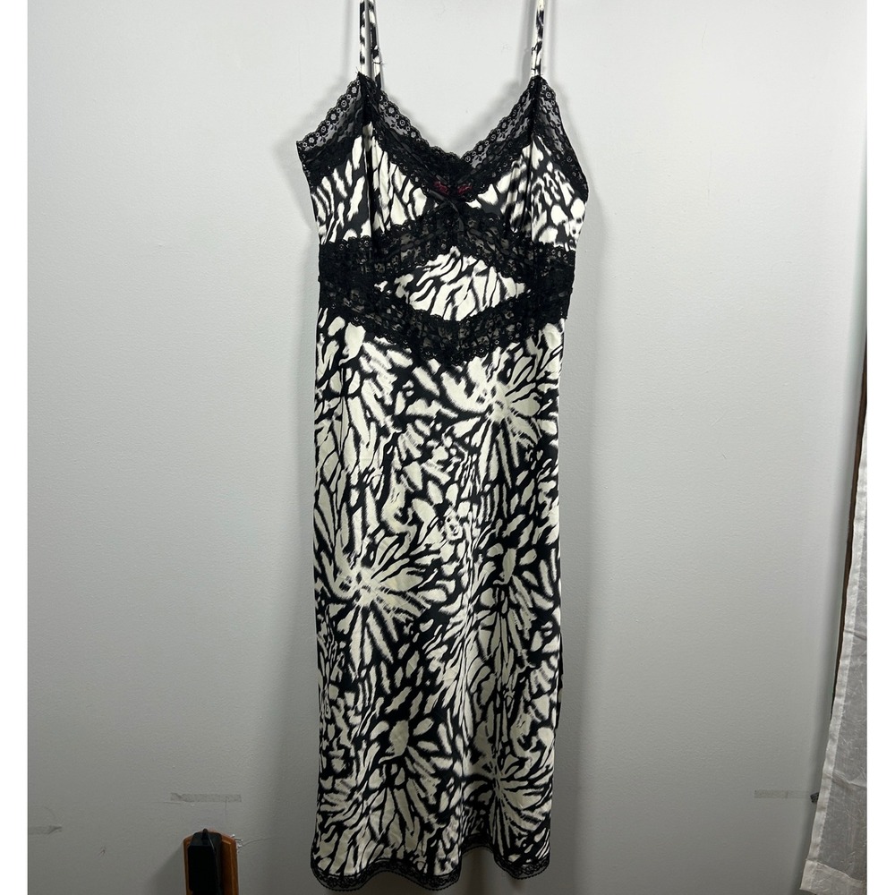 Vtg Betsey Johnson Slip Dress Womens 14 Black White Blurred LInes Lace Trim Y2K